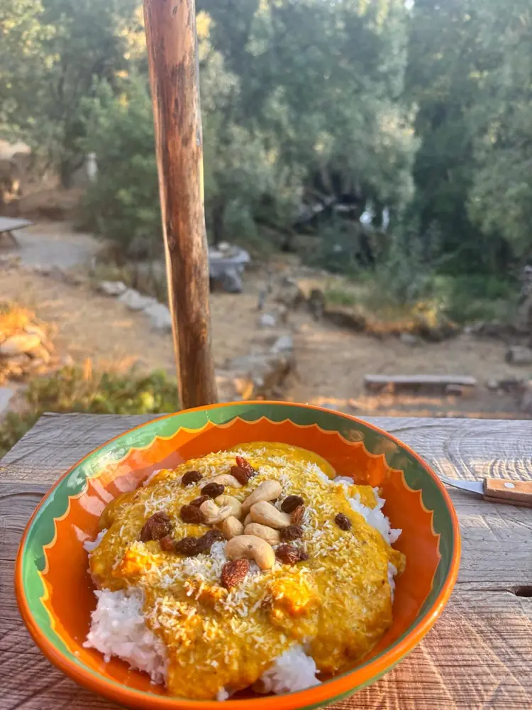 An orange curry with rice, cashews and raisins on a table outside